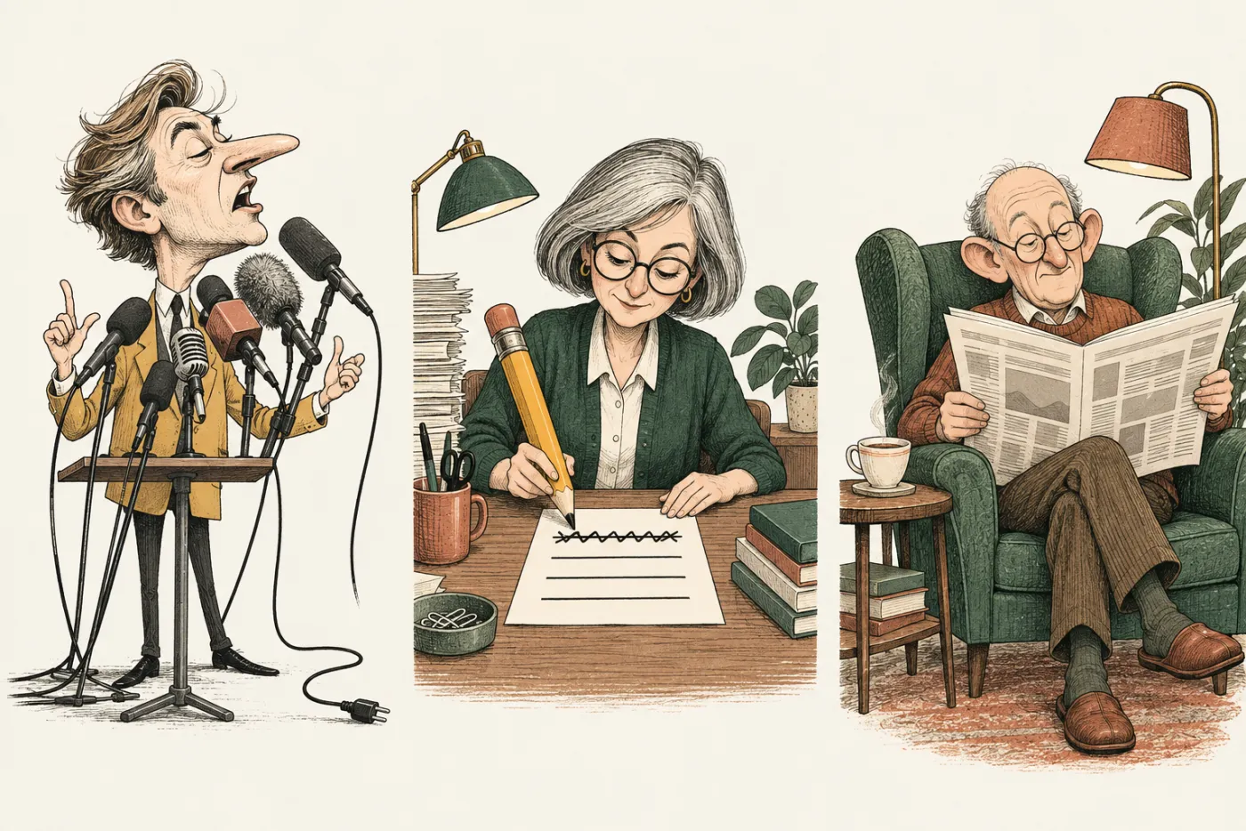 Three illustrations: a man declaiming into a bank of microphones; an editor striking a word out of a typed page; an older man reading the paper, calm, in an armchair.