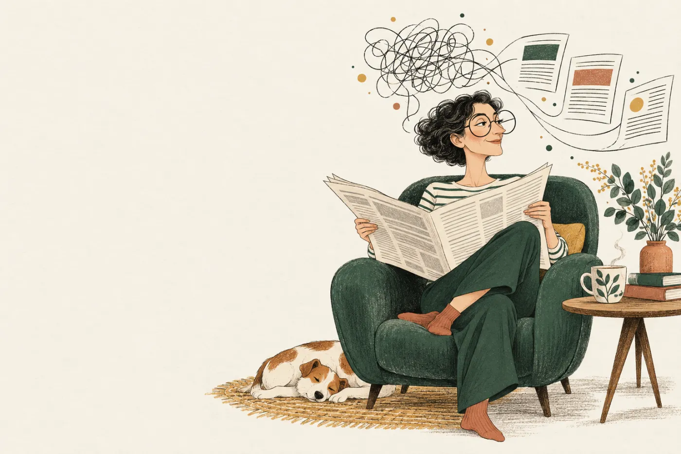 An illustration: a woman reads a newspaper in a green armchair while a tangle of scribbles above her straightens into tidy pages; her dog sleeps at her feet.